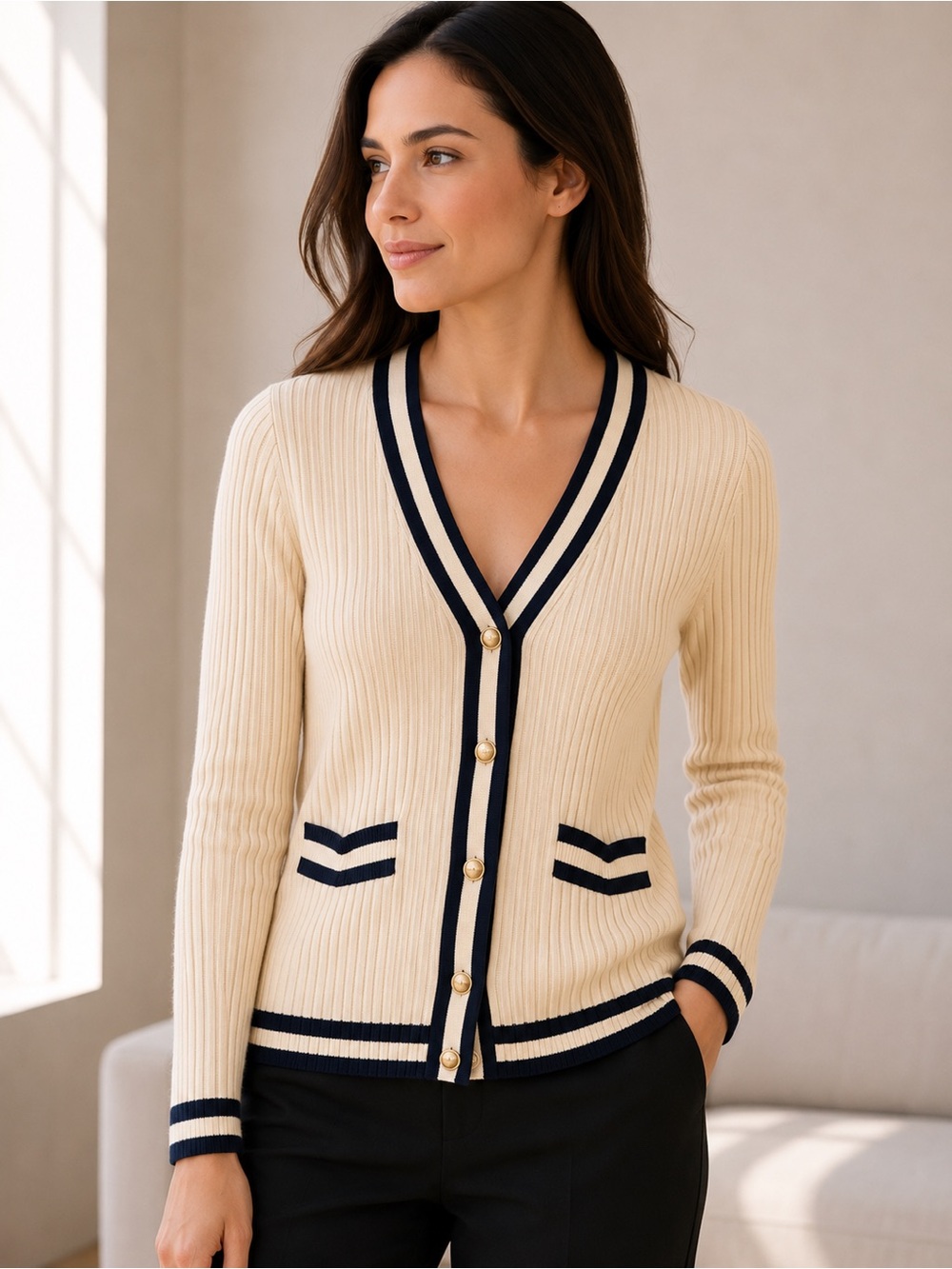 CAbi Cream V-Neck Ribbed Cardigan with Black  Trim